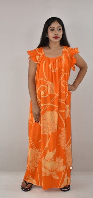 Yellow Cotton Maxi Nighty Square Neck Short Sleeves with pleats