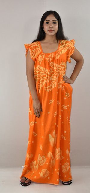 Yellow Cotton Maxi Nighty Square Neck Short Sleeves with pleats