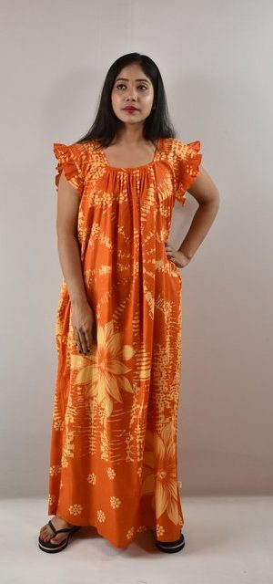 Yellow Cotton Maxi Nighty Square Neck Short Sleeves with pleats