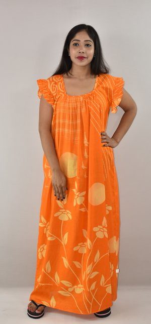 Yellow Cotton Maxi Nighty Square Neck Short Sleeves with pleats