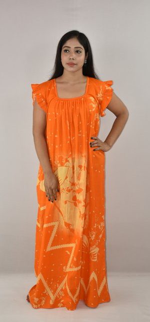 Yellow Cotton Maxi Nighty Square Neck Short Sleeves with pleats