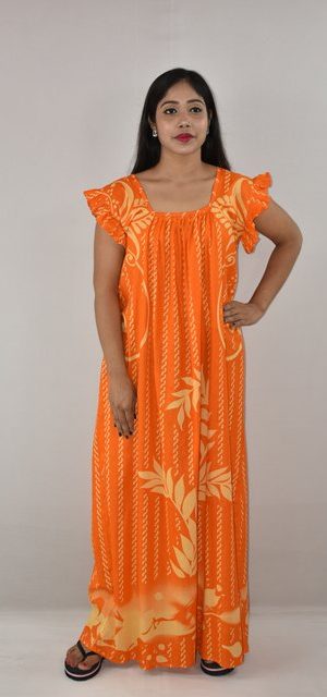 Yellow Cotton Maxi Nighty Square Neck Short Sleeves with pleats