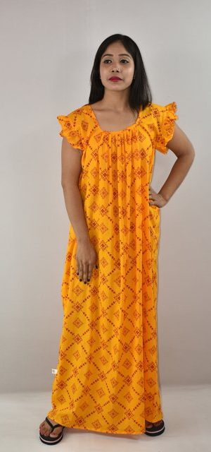 Yellow Cotton Maxi Nighty Square Neck Short Sleeves with pleats