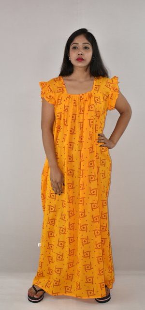 Yellow Cotton Maxi Nighty Square Neck Short Sleeves with pleats