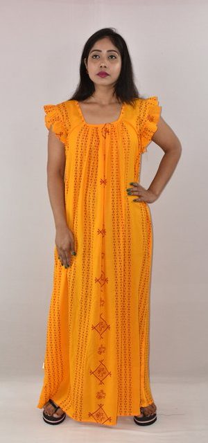 Yellow Cotton Maxi Nighty Square Neck Short Sleeves with pleats