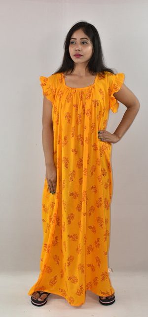 Yellow Cotton Maxi Nighty Square Neck Short Sleeves with pleats