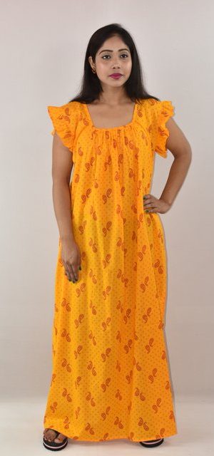Yellow Cotton Maxi Nighty Square Neck Short Sleeves with pleats