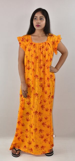 Yellow Cotton Maxi Nighty Square Neck Short Sleeves with pleats