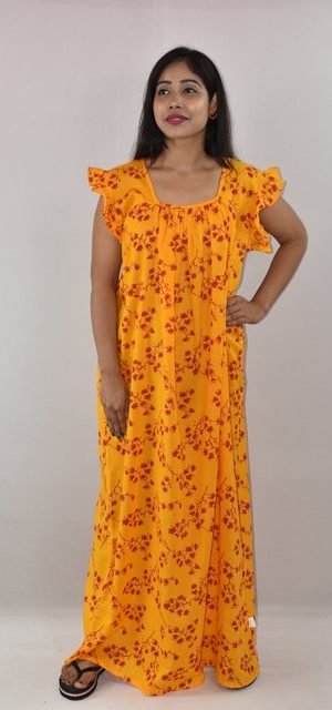 Yellow Cotton Maxi Nighty Square Neck Short Sleeves with pleats
