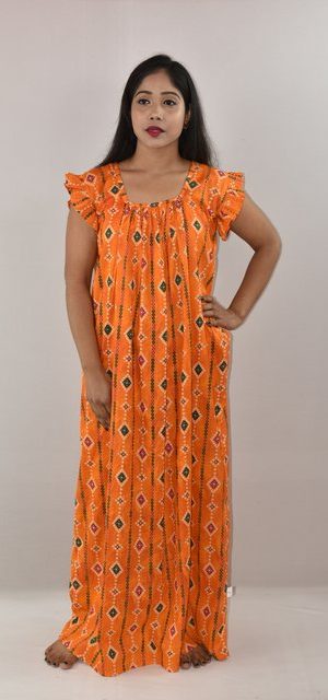 Yellow Cotton Maxi Nighty Square Neck Short Sleeves with pleats