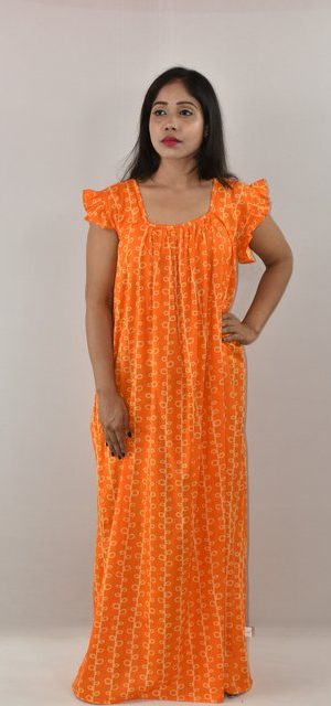 Yellow Cotton Maxi Nighty Square Neck Short Sleeves with pleats