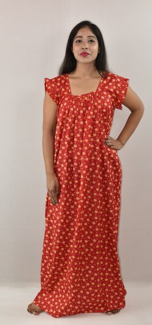 Yellow Cotton Maxi Nighty Square Neck Short Sleeves with pleats