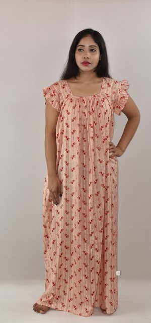 White & Red Cotton Maxi Nighty Square Neck Short Sleeves with pleats