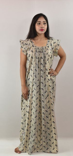 White & Blue Cotton Maxi Nighty Square Neck Short Sleeves with pleats