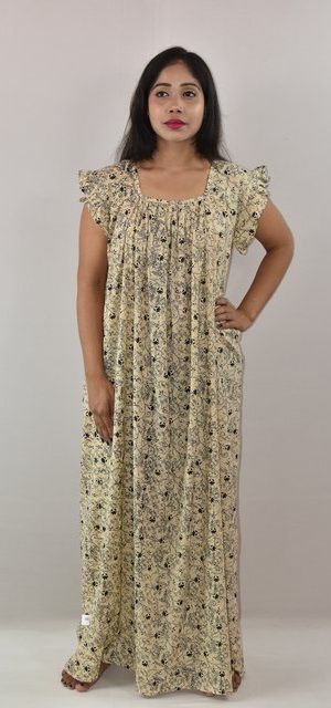 White & Blue Cotton Maxi Nighty Square Neck Short Sleeves with pleats