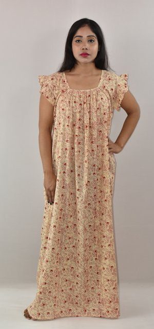 White & Red Cotton Maxi Nighty Square Neck Short Sleeves with pleats