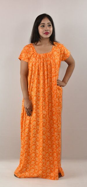 Yellow Cotton Maxi Nighty Square Neck with Short Sleeve