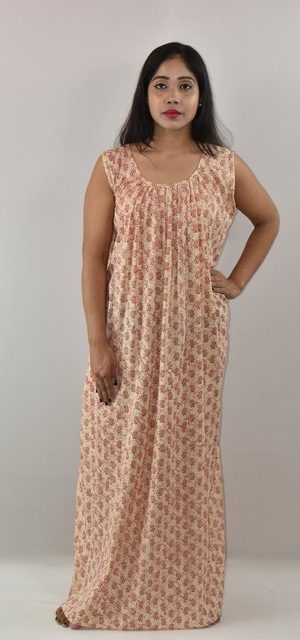 White & Red Maxi Nighty With Sleeveless