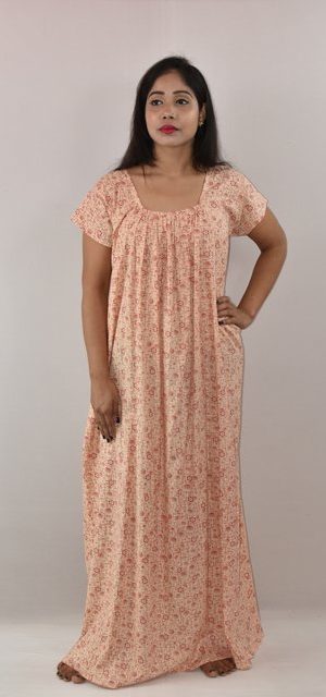 White & Red Maxi Nighty Square Neck With Short Sleeve