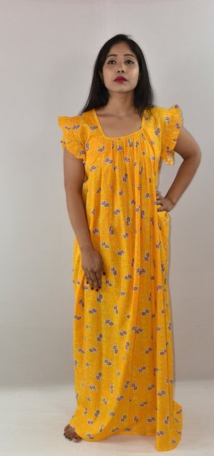 Yellow Cotton Maxi Nighty Square Neck Short Sleeves with pleats