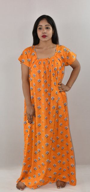 Yellow Cotton Maxi Nighty Square Neck Short Sleeves