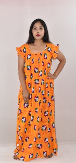 Yellow Cotton Maxi Nighty Square Neck Short Sleeves with pleats