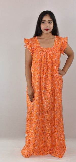 Yellow Cotton Maxi Nighty Square Neck Short Sleeves with pleats