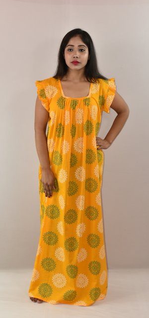 Yellow Cotton Maxi Nighty Square Neck Short Sleeves with pleats