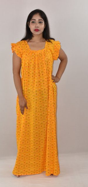 Yellow Cotton Maxi Nighty Square Neck Short Sleeves with pleats