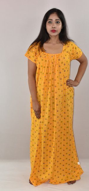Yellow Cotton Maxi Nighty Square Neck Short Sleeves