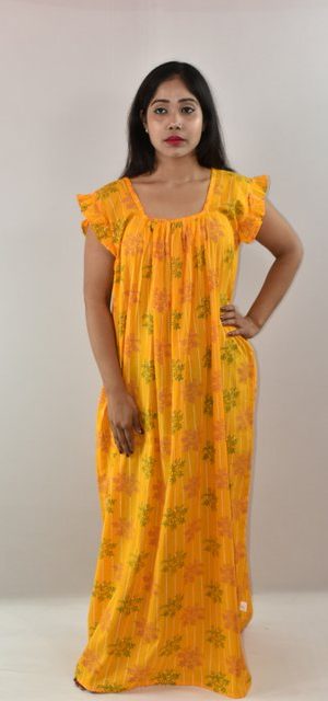 Yellow Cotton Maxi Nighty Square Neck Short Sleeves with pleats