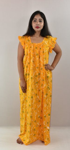 Yellow Cotton Maxi Nighty Square Neck Short Sleeves with pleats