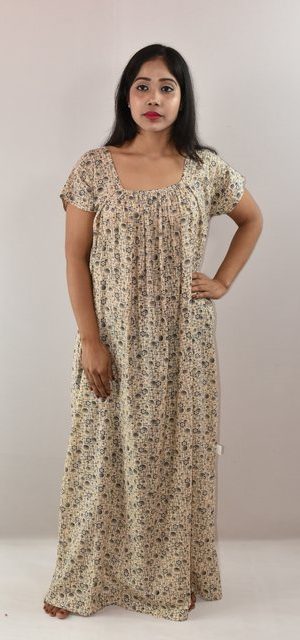 White Blue Cotton Maxi Nighty Square Neck With Short Sleeves