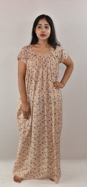 White Red Cotton Maxi Nighty Round Neck With Short Sleeves