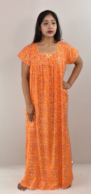 Yellow Cotton Maxi Nighty Square Neck Short Sleeves with pleats