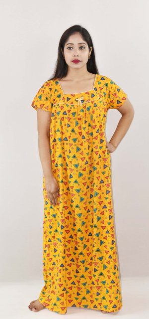 Yellow Cotton Maxi Nighty Square Neck Short Sleeve With Pipien