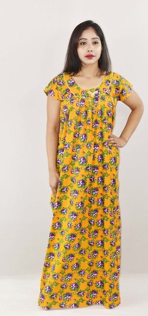 Yellow Cotton Maxi Nighty Round Neck Short Sleeve With Pipien