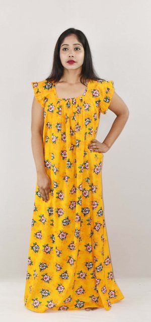 Yellow Cotton Maxi Nighty Square Neck Short Sleeves with pleats