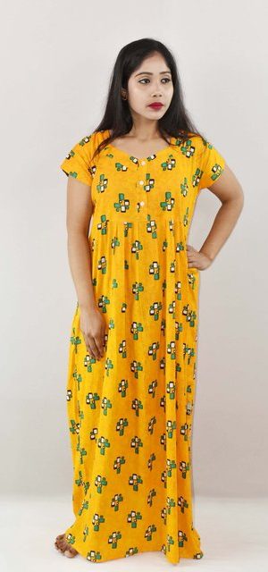 Yellow Cotton Maxi Nighty V Neck Short Sleeves with Button