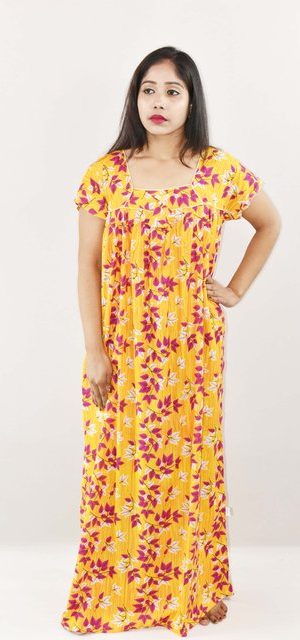 Yellow Cotton Maxi Nighty Square Neck Short Sleeve With Pipien