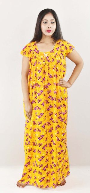 Yellow Cotton Maxi Nighty Round Neck Short Sleeve With Pipien