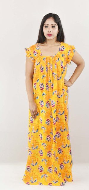 Yellow Cotton Maxi Nighty Square Neck Short Sleeves with pleats