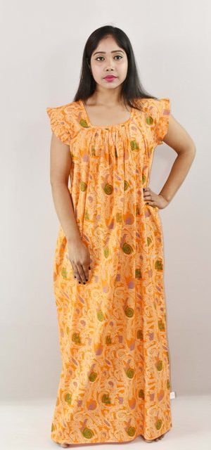 Yellow Cotton Maxi Nighty Square Neck Short Sleeves with pleats