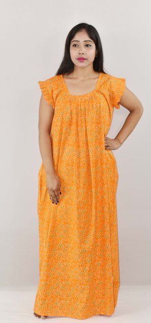 Yellow Cotton Maxi Nighty Square Neck Short Sleeves with pleats
