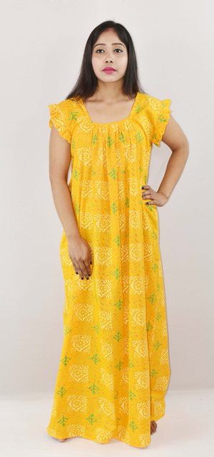 Yellow Cotton Maxi Nighty Square Neck Short Sleeves with pleats
