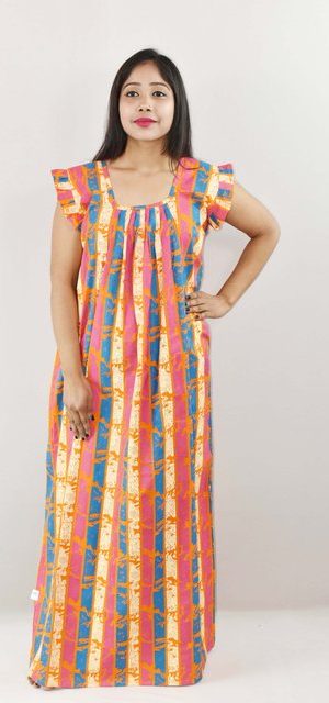 Yellow Cotton Maxi Nighty Square Neck Short Sleeves with pleats