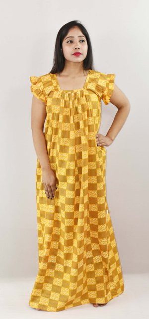 Yellow Cotton Maxi Nighty Square Neck Short Sleeves with pleats