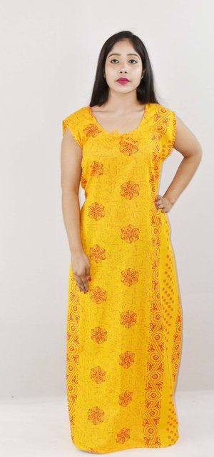 Yellow Cotton Maxi Nighty Round Neck & Sleeveles