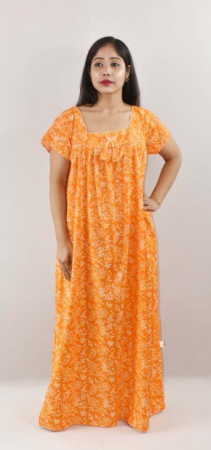 Yellow Cotton Maxi Nighty Square Neck Short Sleeve With Pipien