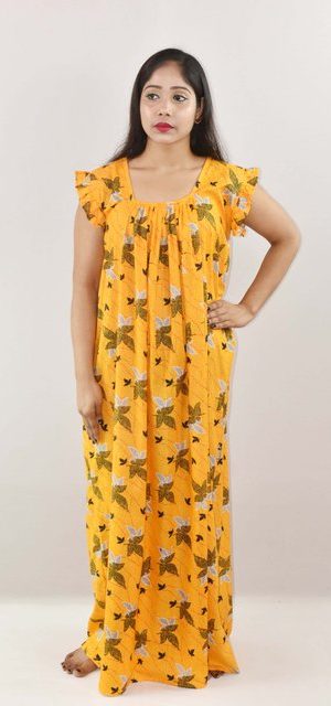 Yellow Cotton Maxi Nighty Square Neck Short Sleeves with pleats